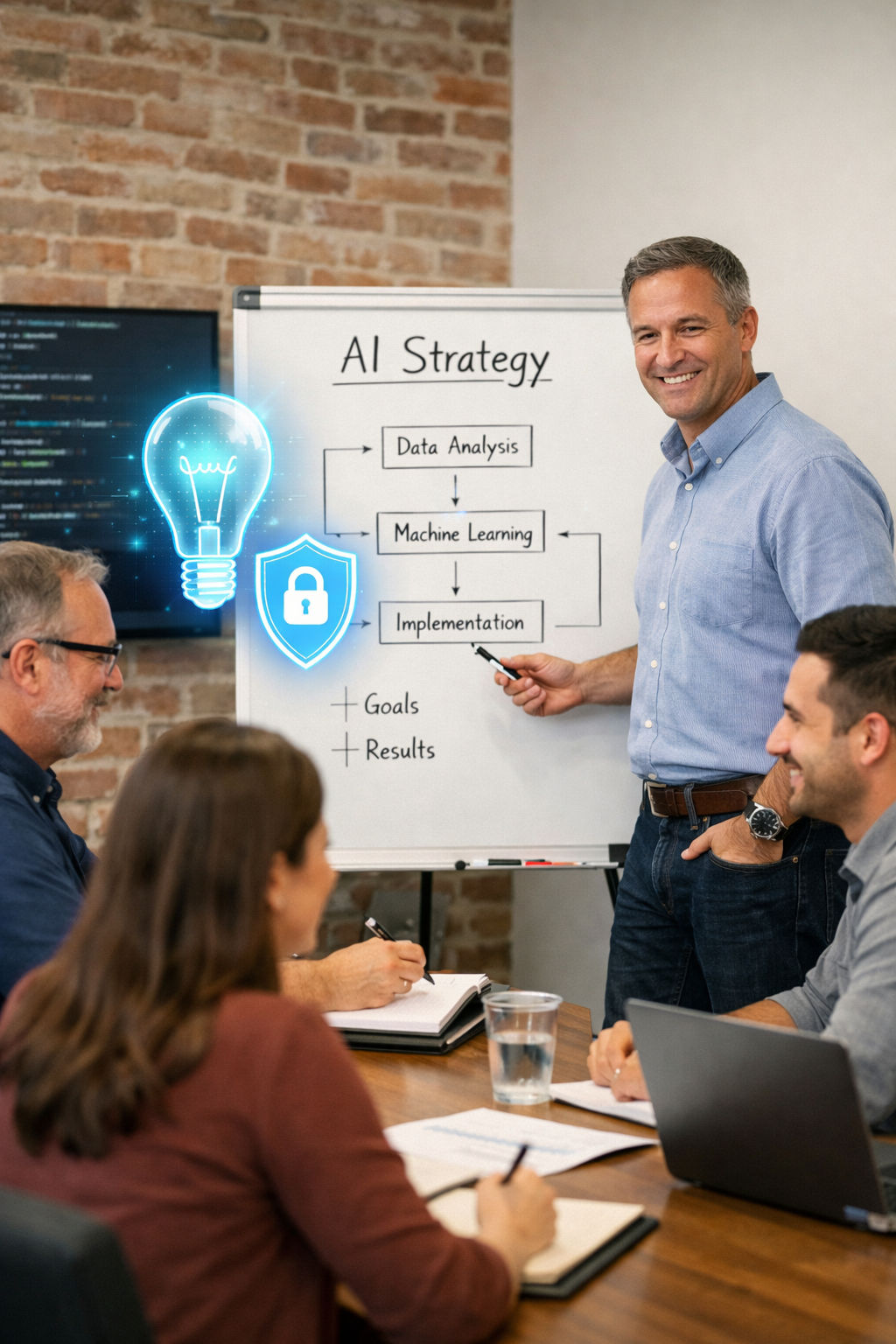 A professional scene showing a small group of IT consultants (MSPs) in a workshop setting. One person stands at a whiteboard with a simple flowchart labeled “AI Strategy,” while others sit and engage, taking notes. Include subtle indications of AI and guidance: perhaps a holographic icon of a lightbulb (innovation) and shield (safety) floating near the whiteboard. Everyone looks confident and collaborative, emphasizing learning and partnership. (This image should convey an interactive training or planning session, highlighting human expertise guiding AI adoption.)