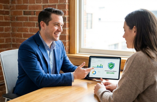 A confident MSP consultant presenting a simple dashboard to a small-business owner, with a subtle shield icon indicating safe AI governance.