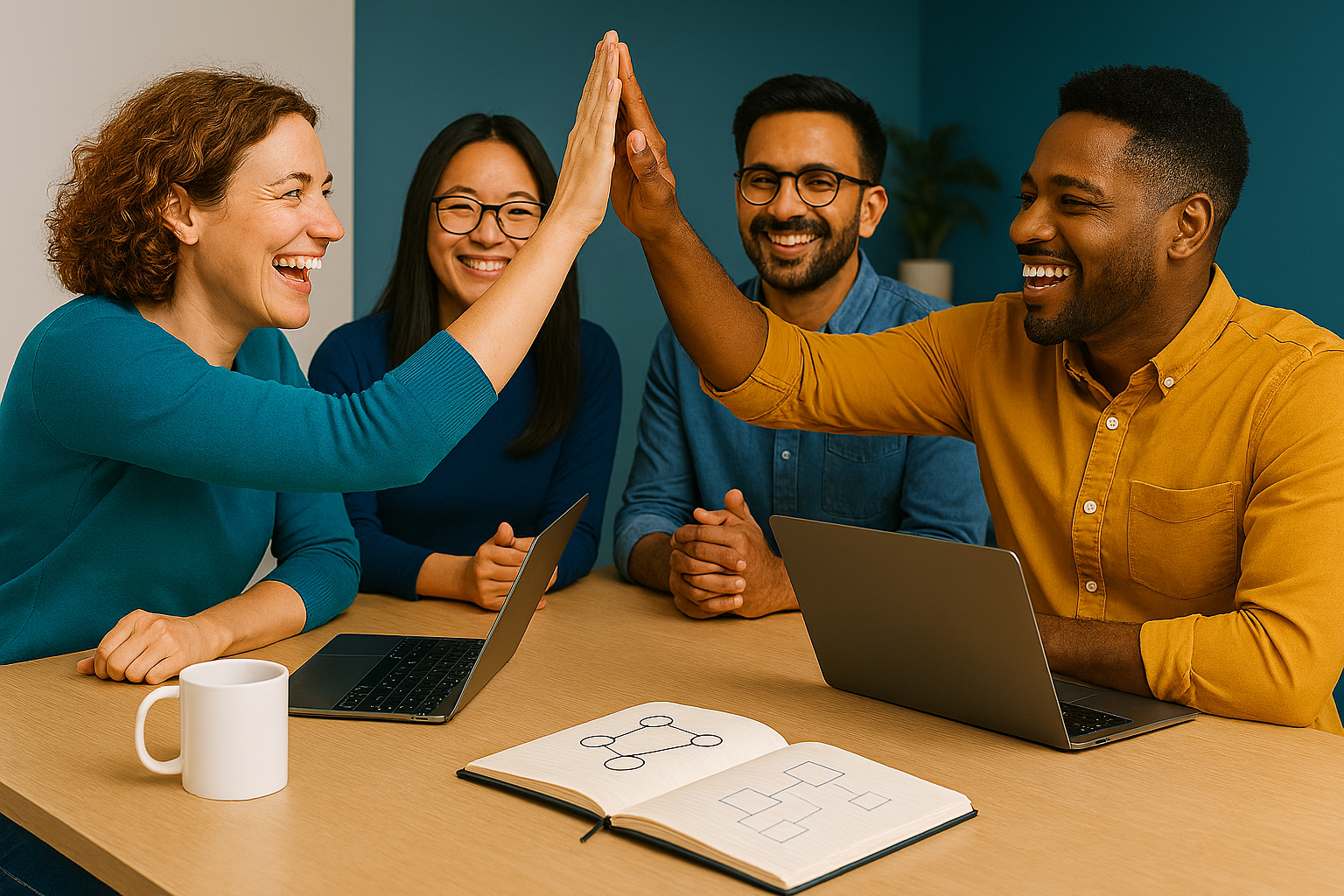 Boostware team members high-fiving in a bright workspace, celebrating collaboration.