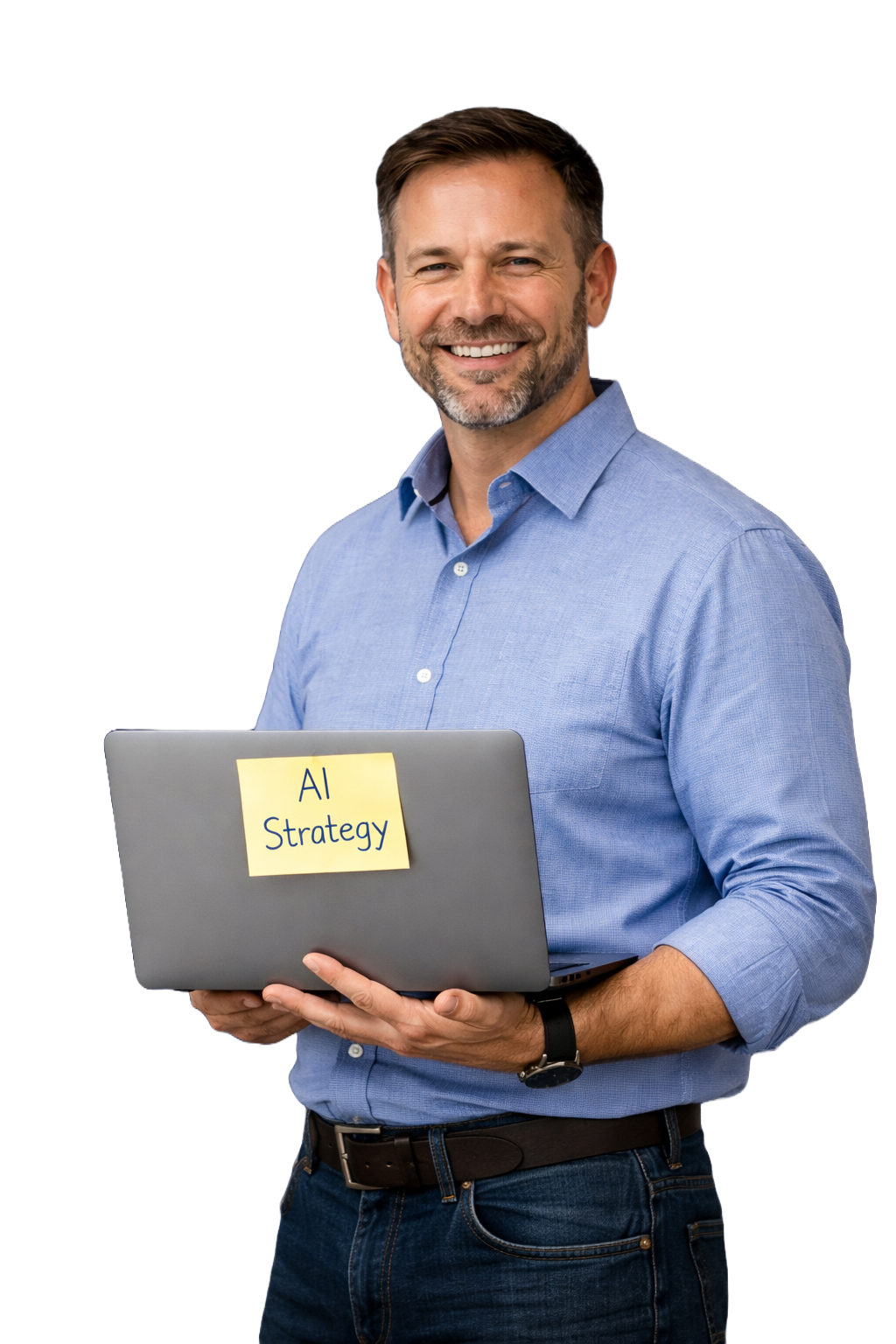 A wide-angle, high-quality photo of a small team of professionals in a modern office, gathered around a table with flowcharts and a laptop. One person smiles and points to a screen displaying a workflow diagram, while another gives a thumbs-up. A subtle holographic icon of a shield with a checkmark hovers above the laptop screen, symbolizing security and human oversight in AI.