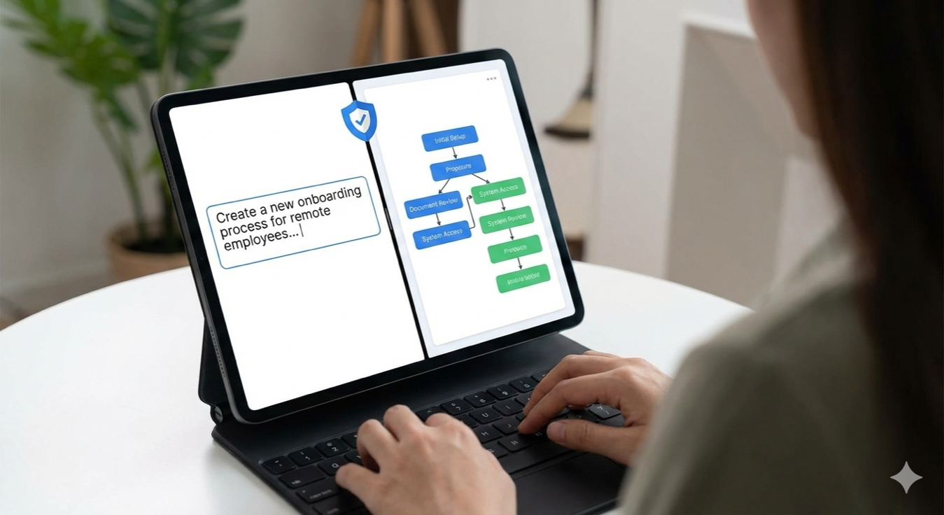 A person typing a plain-language request into an app; a workflow diagram appears.