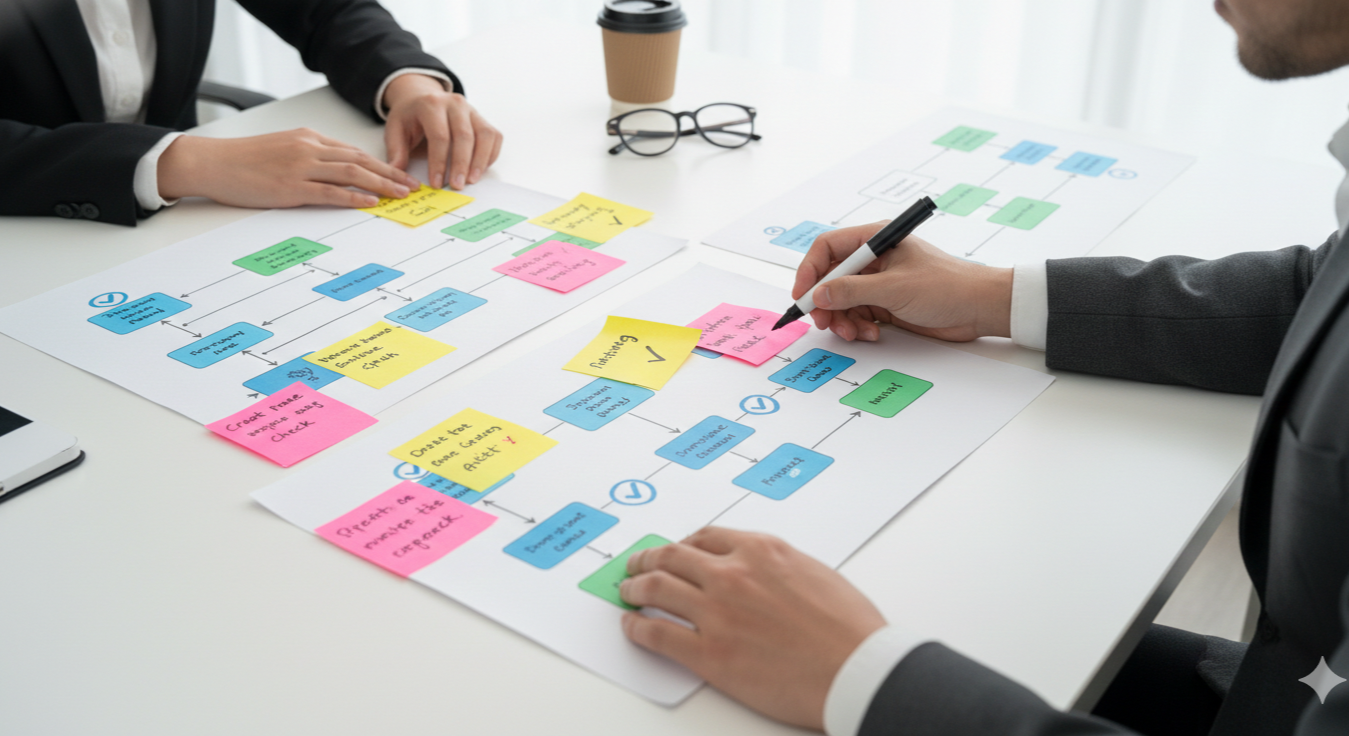 A workflow diagram being refined with sticky notes and checkmarks.